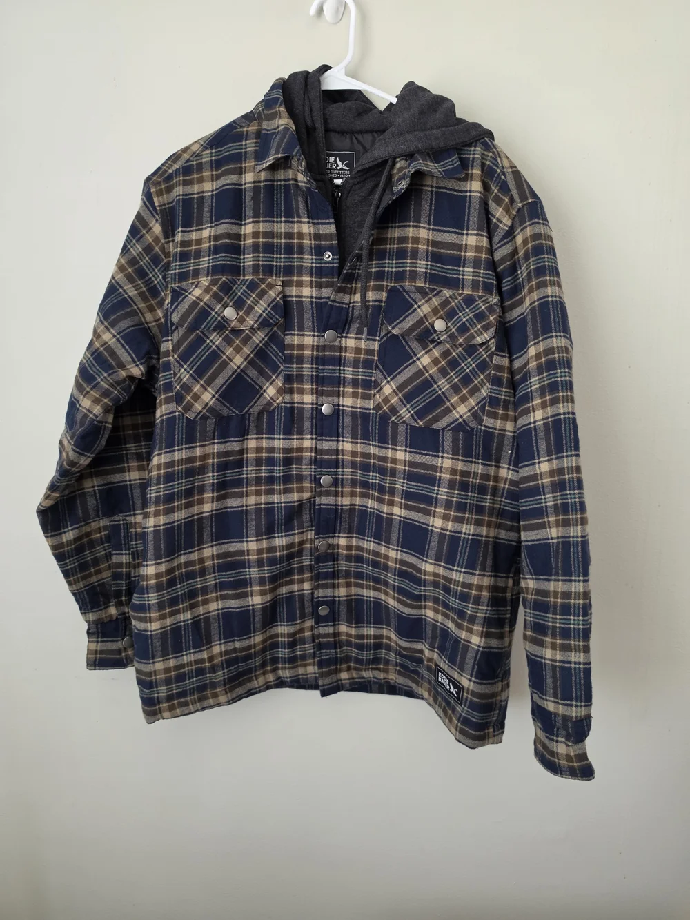 Eddie Bauer Navy and Olive Plaid Hooded Shacket